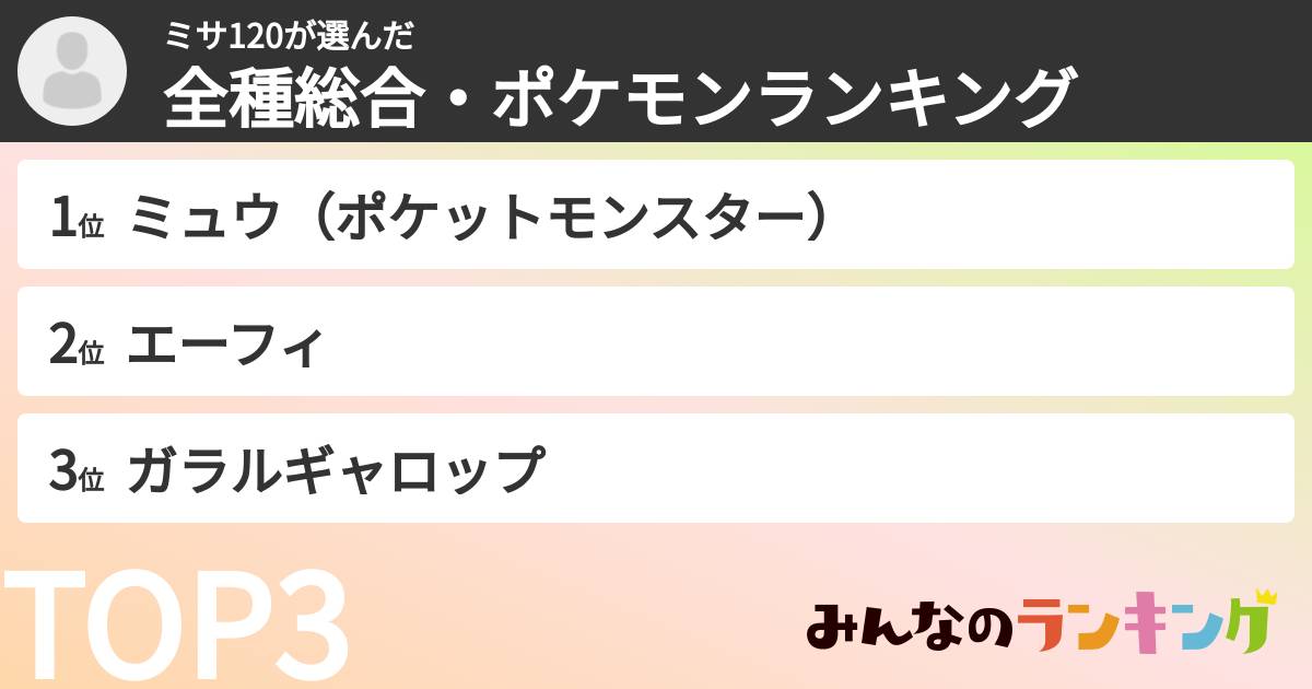 ミサ120さんの「全種総合・ポケモンランキング」