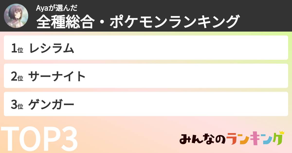 Ayaさんの「全種総合・ポケモンランキング」