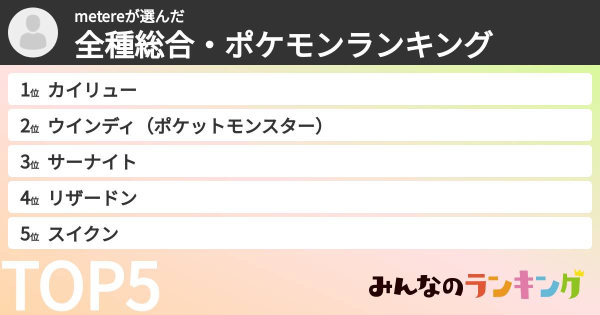 metereさんの「全種総合・ポケモンランキング」