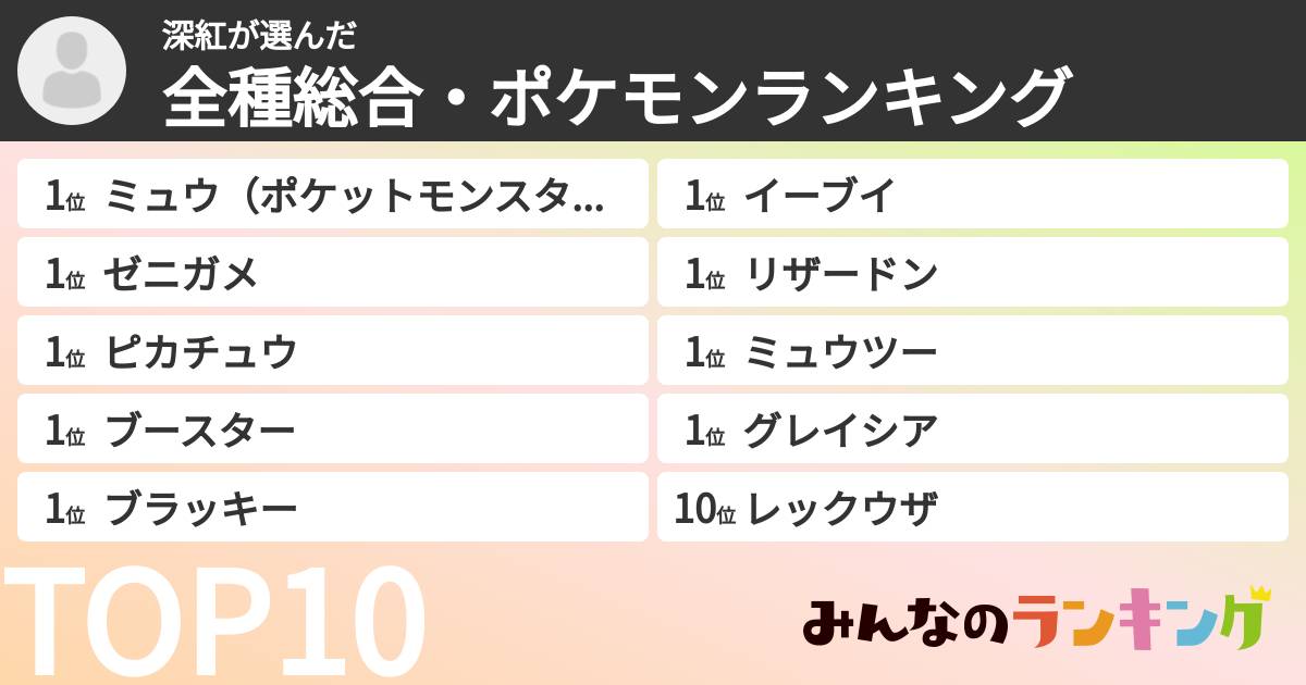 深紅さんの「全種総合・ポケモンランキング」
