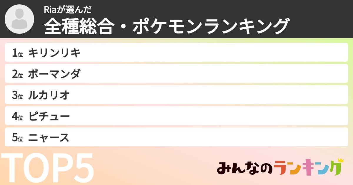 Riaさんの「全種総合・ポケモンランキング」