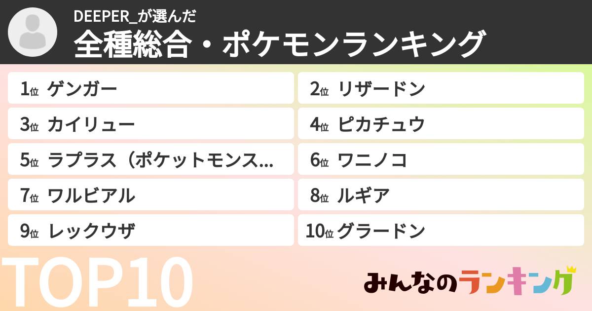DEEPER_さんの「全種総合・ポケモンランキング」