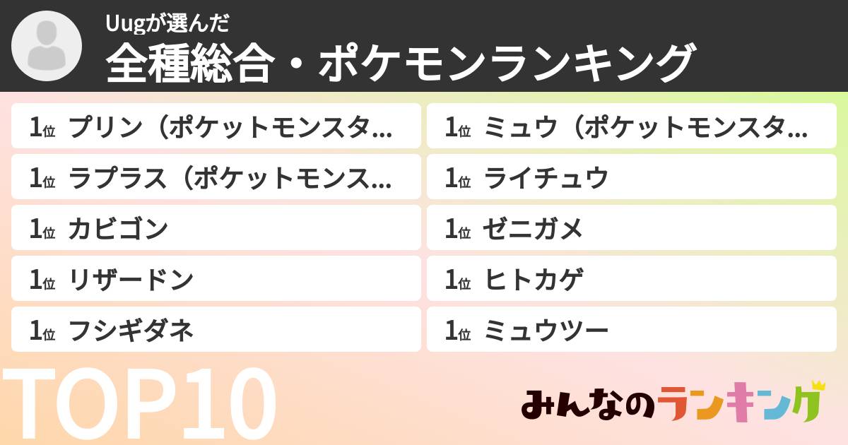 Uugさんの「全種総合・ポケモンランキング」