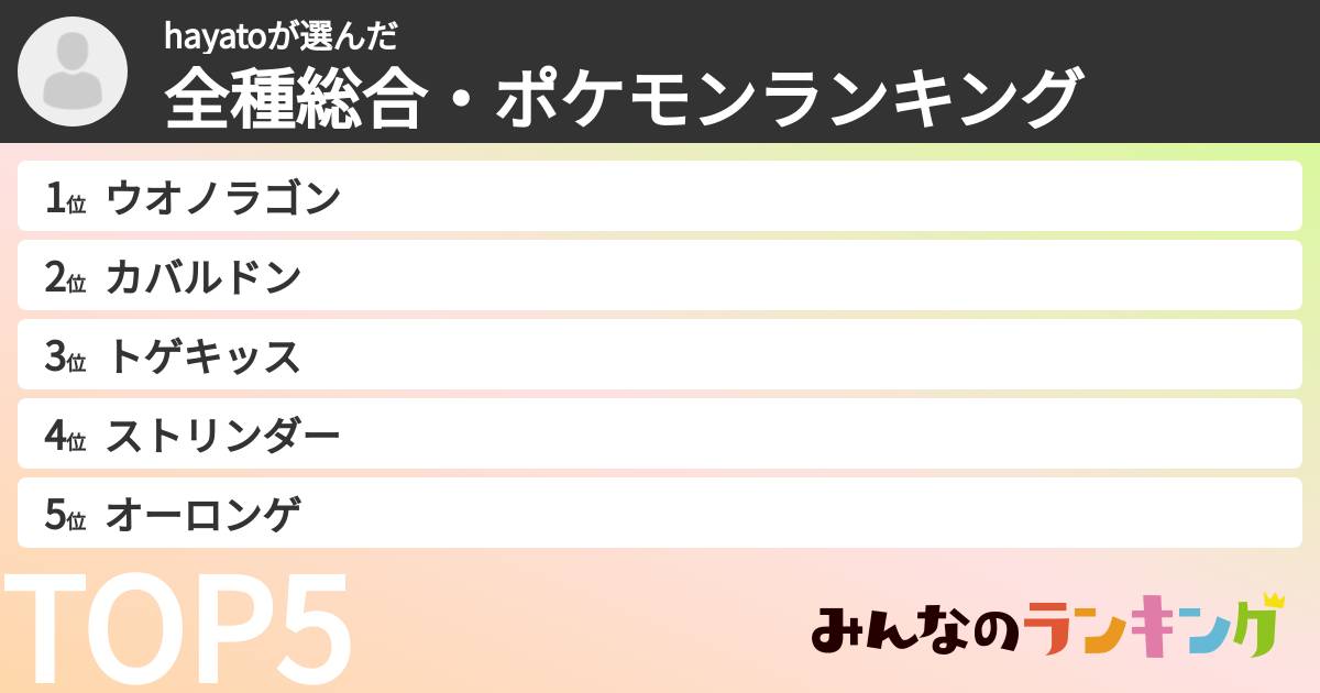 hayatoさんの「全種総合・ポケモンランキング」