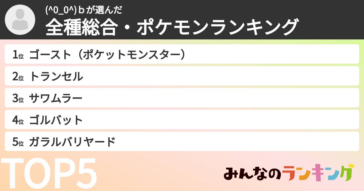(^0_0^)ｂさんの「全種総合・ポケモンランキング」
