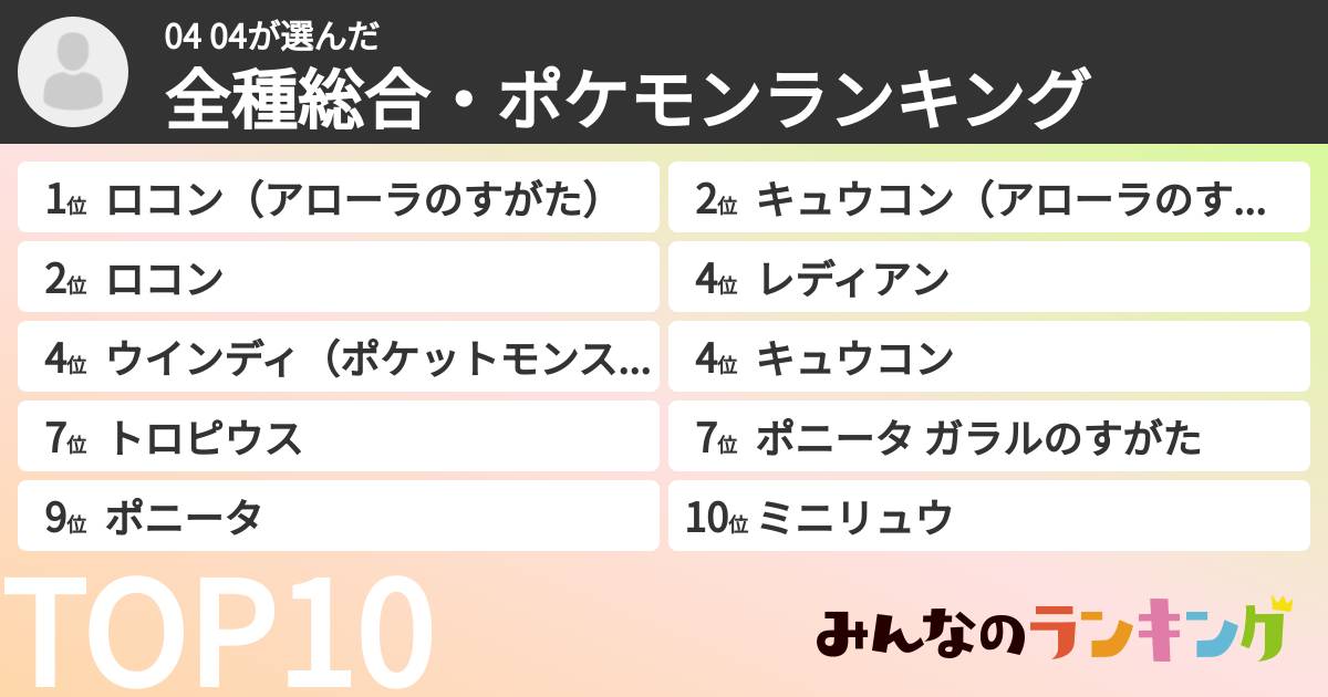 04 04さんの「全種総合・ポケモンランキング」