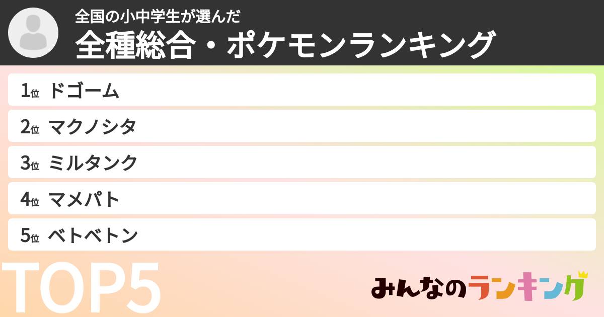 全国の小中学生さんの「全種総合・ポケモンランキング」