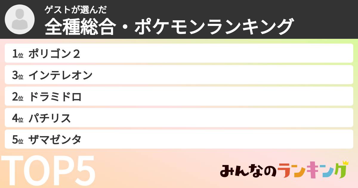 ゲストさんの「全種総合・ポケモンランキング」