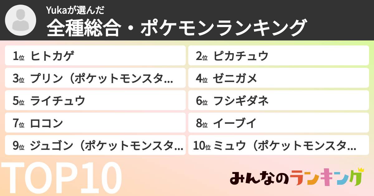 Yukaさんの「全種総合・ポケモンランキング」