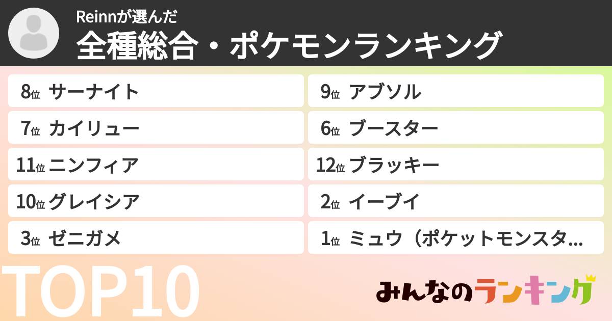 Reinnさんの「全種総合・ポケモンランキング」