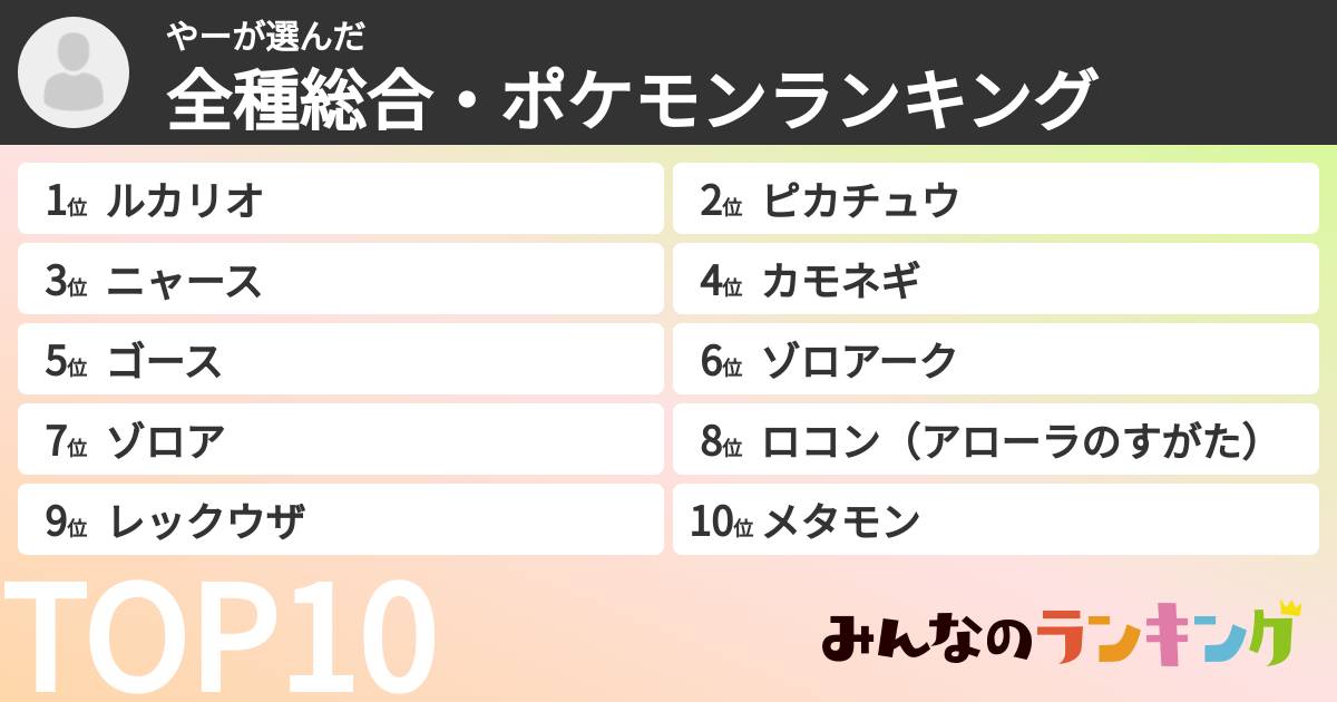 やーさんの「全種総合・ポケモンランキング」