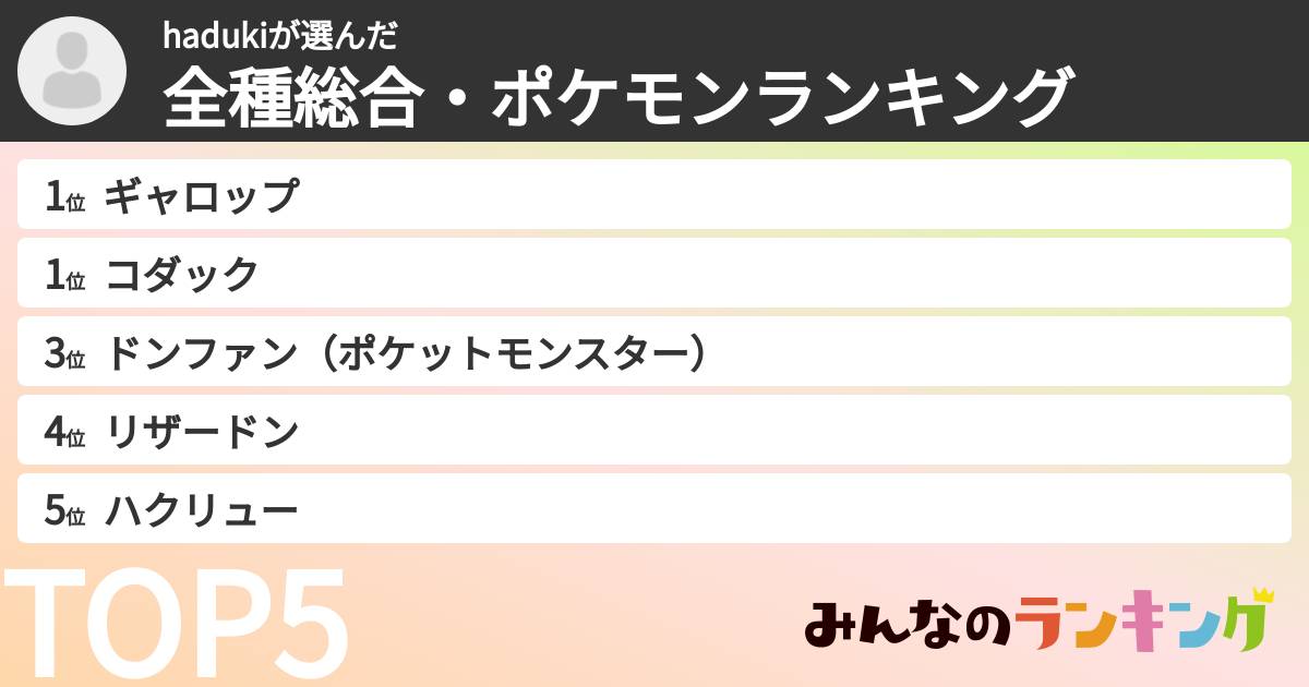 hadukiさんの「全種総合・ポケモンランキング」