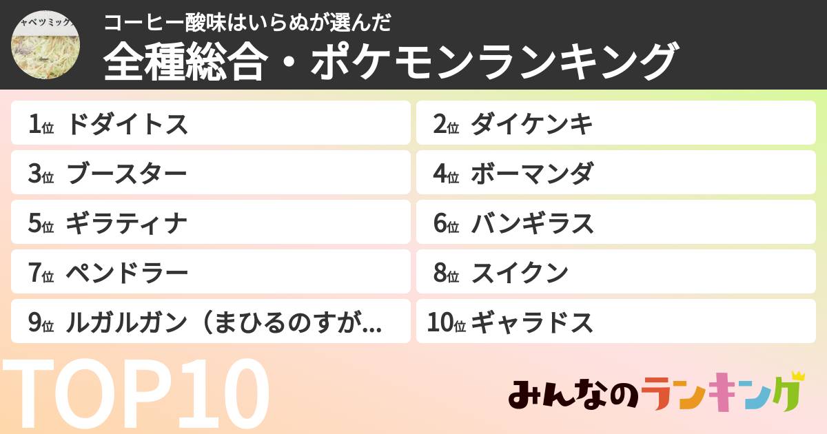 コーヒー酸味はいらぬさんの「全種総合・ポケモンランキング」
