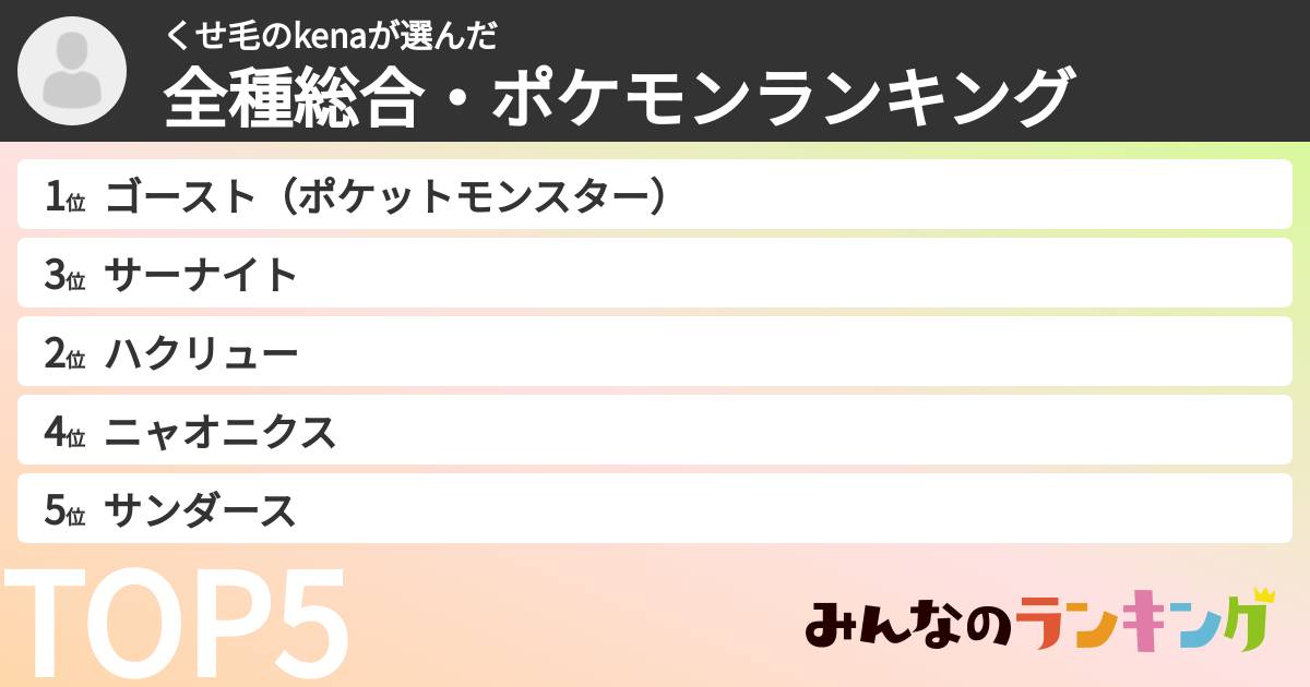 くせ毛のkenaさんの「全種総合・ポケモンランキング」