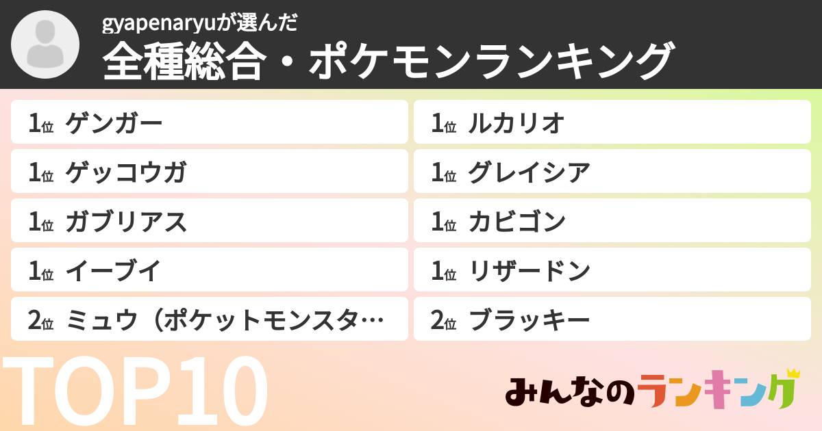 gyapenaryuさんの「全種総合・ポケモンランキング」