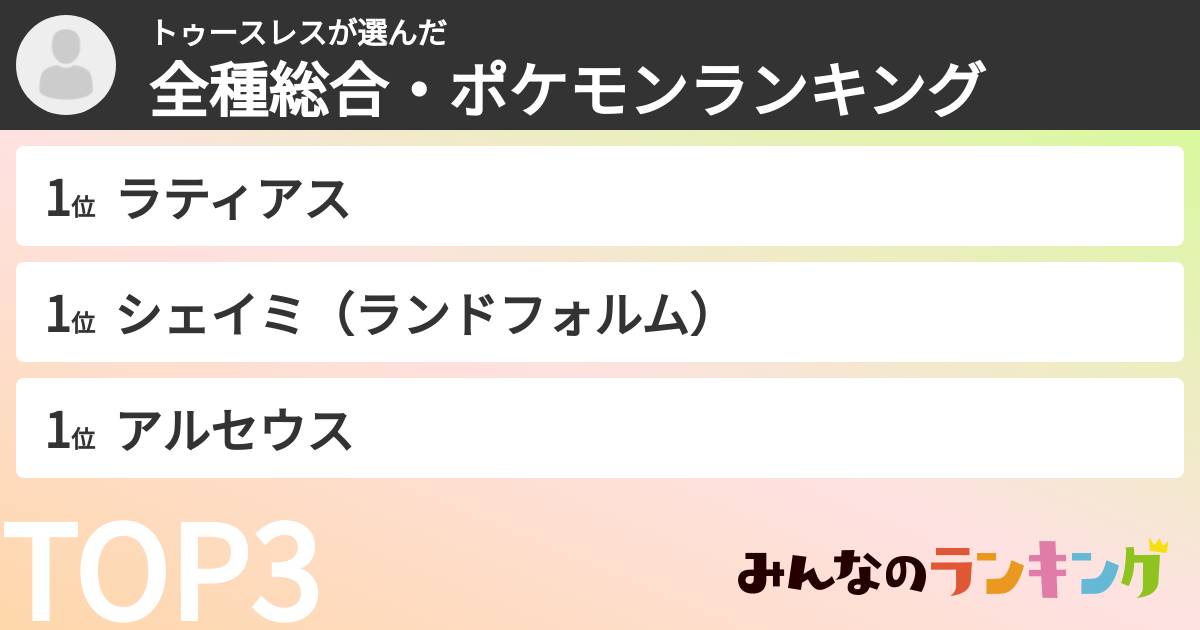 トゥースレスさんの「全種総合・ポケモンランキング」