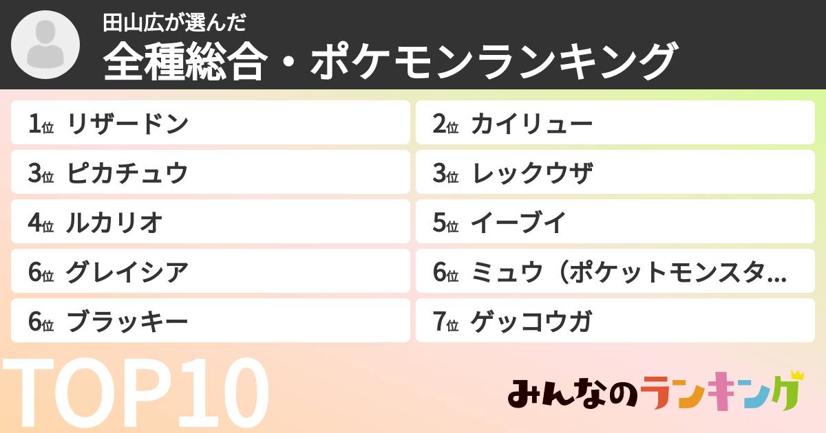 田山広さんの「全種総合・ポケモンランキング」