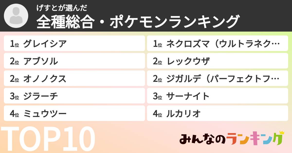 げすとさんの「全種総合・ポケモンランキング」
