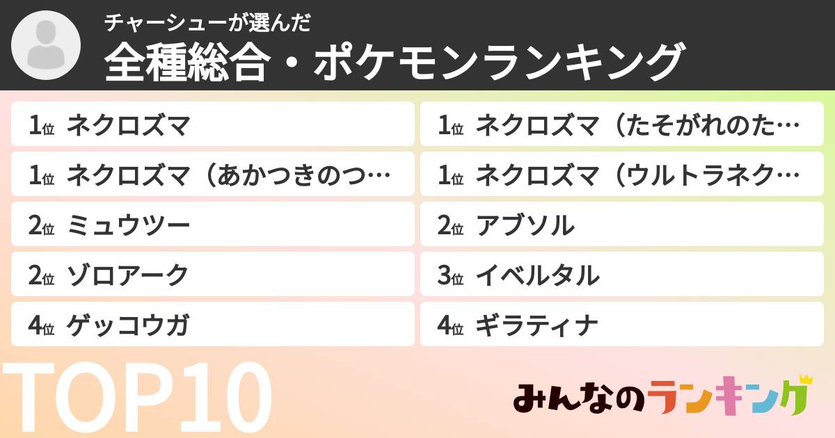 チャーシューさんの「全種総合・ポケモンランキング」
