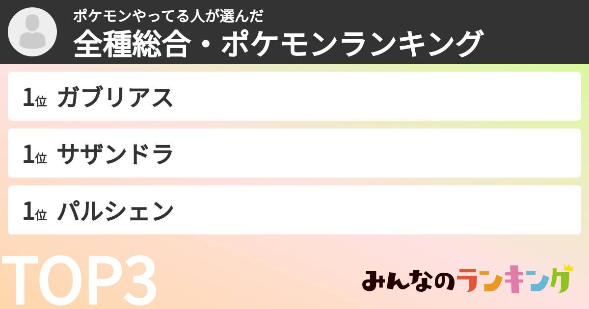ポケモンやってる人さんの「全種総合・ポケモンランキング」