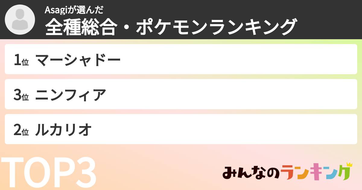 Asagiさんの「全種総合・ポケモンランキング」
