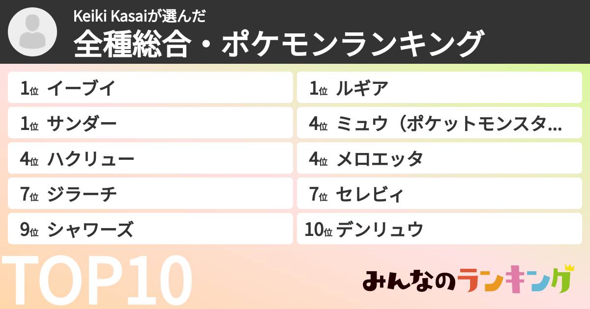 Keiki Kasaiさんの「全種総合・ポケモンランキング」