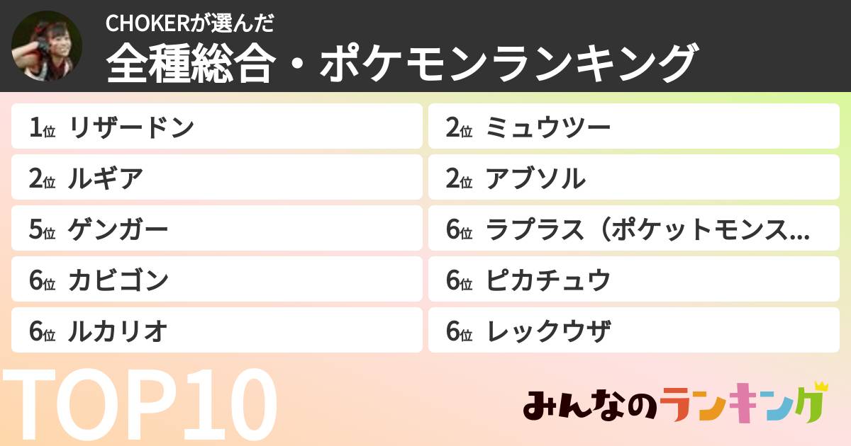 CHOKERさんの「全種総合・ポケモンランキング」