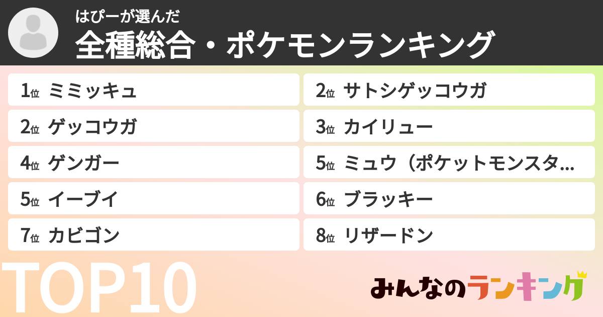 はぴーさんの「全種総合・ポケモンランキング」