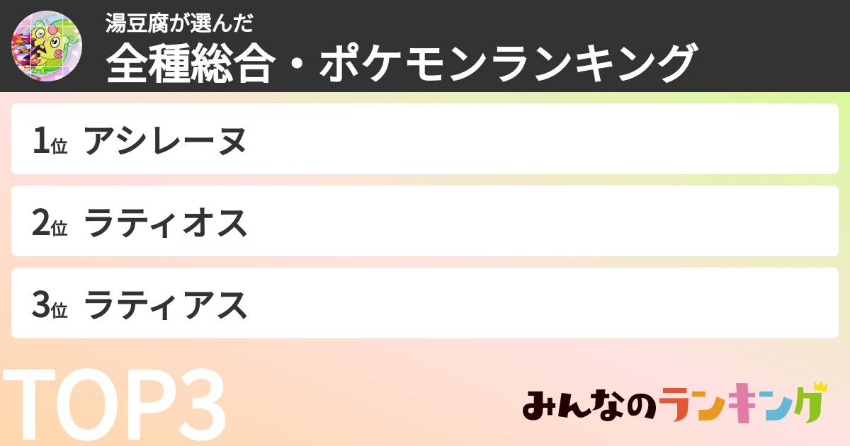 湯豆腐さんの「全種総合・ポケモンランキング」