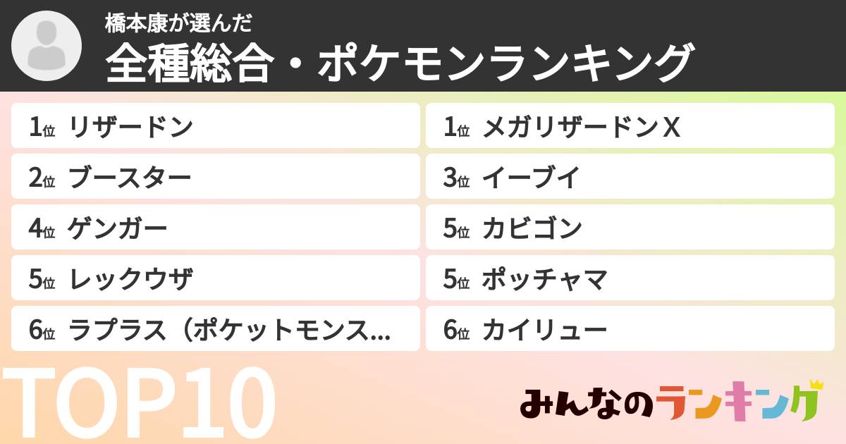 橋本康さんの「全種総合・ポケモンランキング」