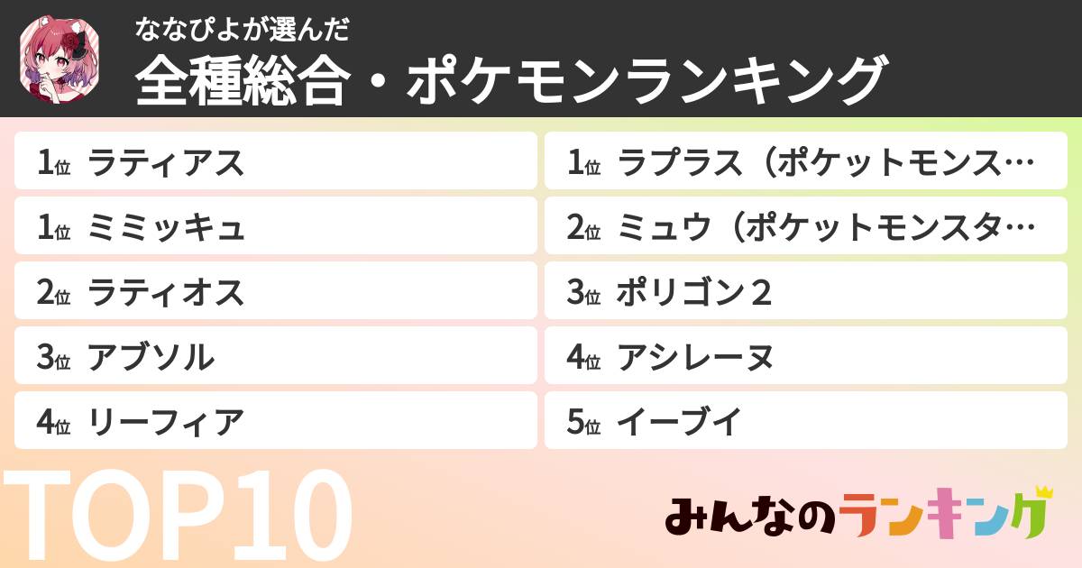 ななぴよさんの「全種総合・ポケモンランキング」