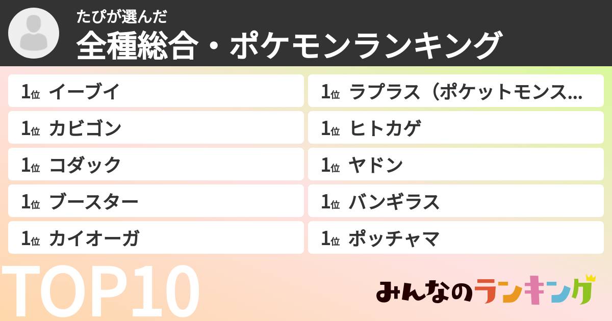 たぴさんの「全種総合・ポケモンランキング」