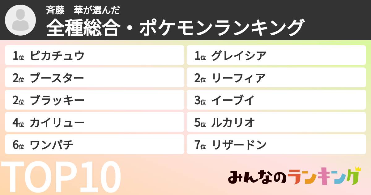 斉藤　華さんの「全種総合・ポケモンランキング」
