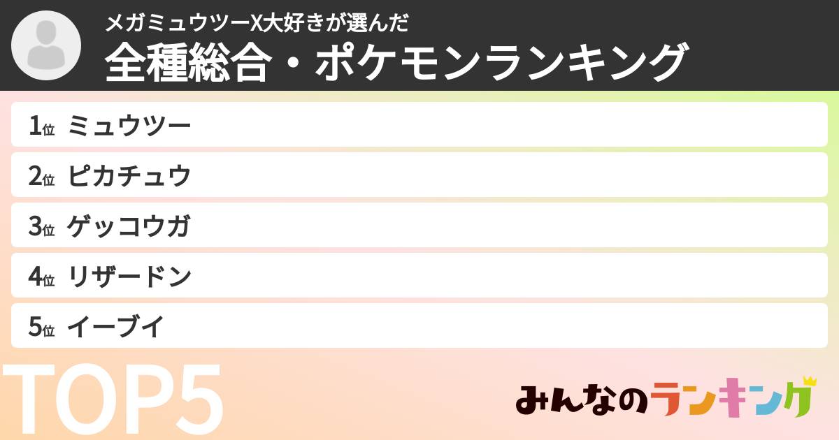 メガミュウツーX大好きさんの「全種総合・ポケモンランキング」