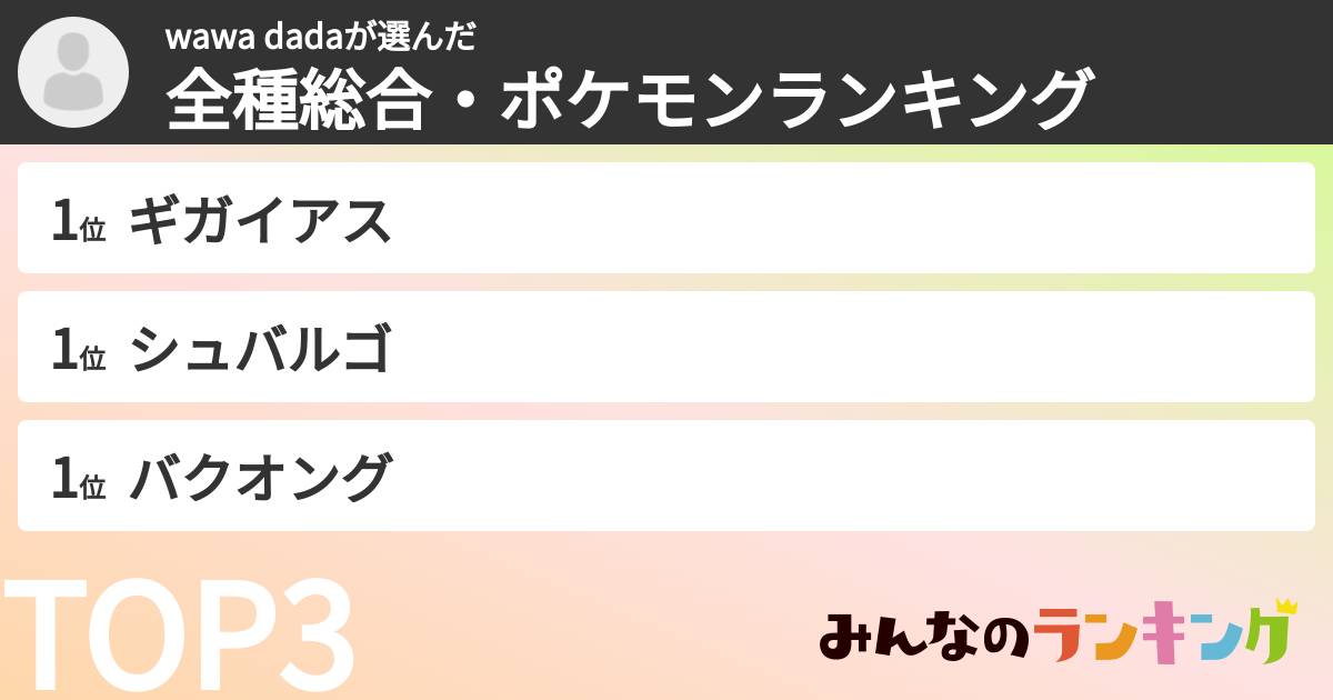 wawa dadaさんの「全種総合・ポケモンランキング」