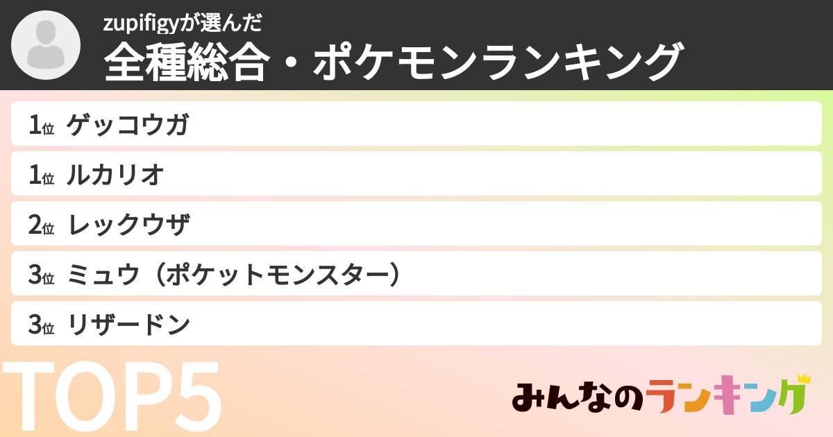 zupifigyさんの「全種総合・ポケモンランキング」