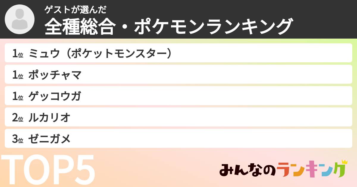 ゲストさんの「全種総合・ポケモンランキング」