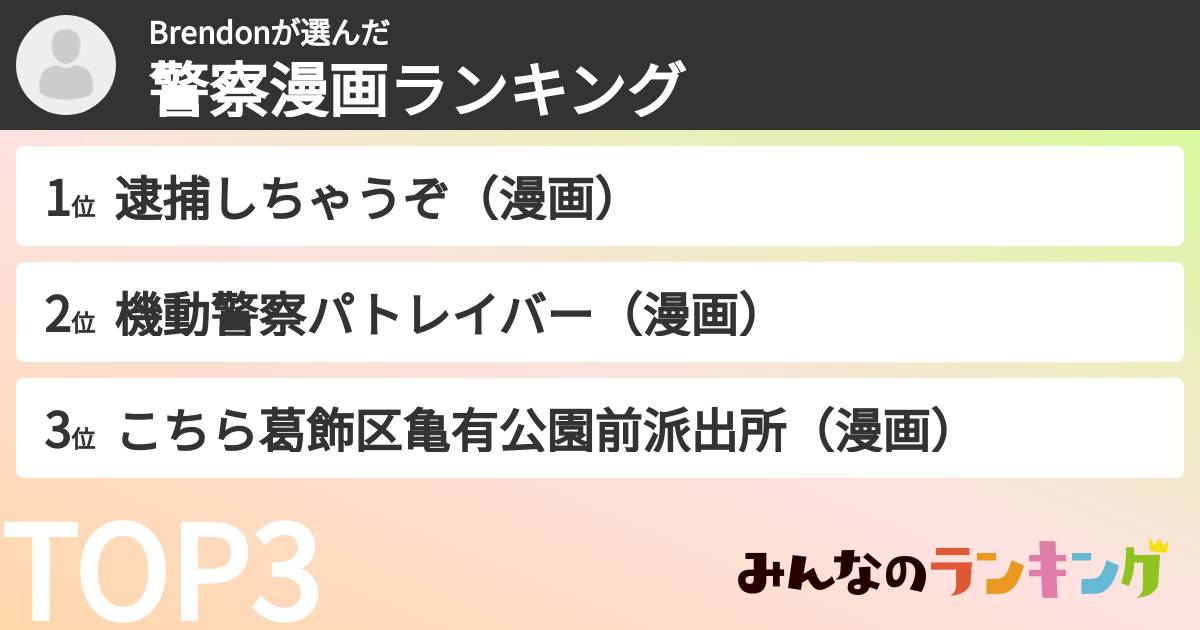Brendonさんの「警察漫画ランキング」