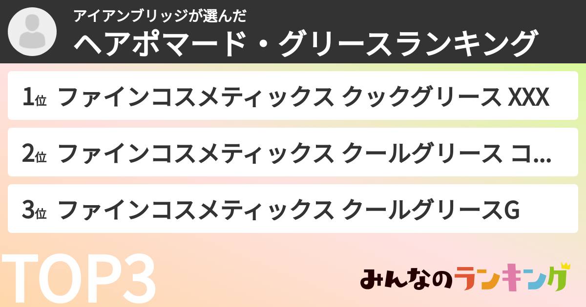 アイアンブリッジさんの「ヘアポマード・グリースランキング」