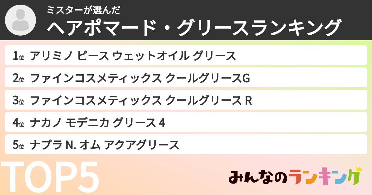 ミスターさんの「ヘアポマード・グリースランキング」
