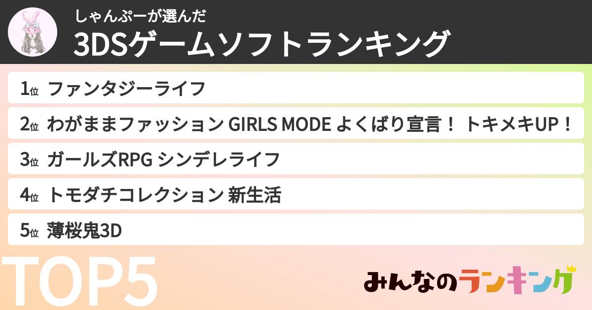 しゃんぷーさんの「3DSゲームソフトランキング」