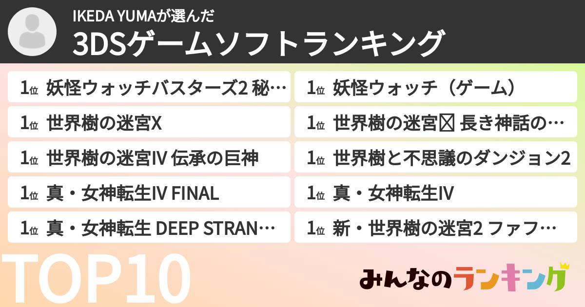 IKEDA YUMAさんの「3DSゲームソフトランキング」
