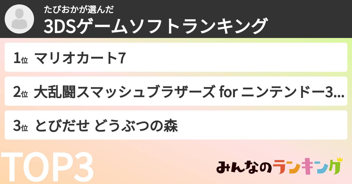 たぴおかさんの「3DSゲームソフトランキング」