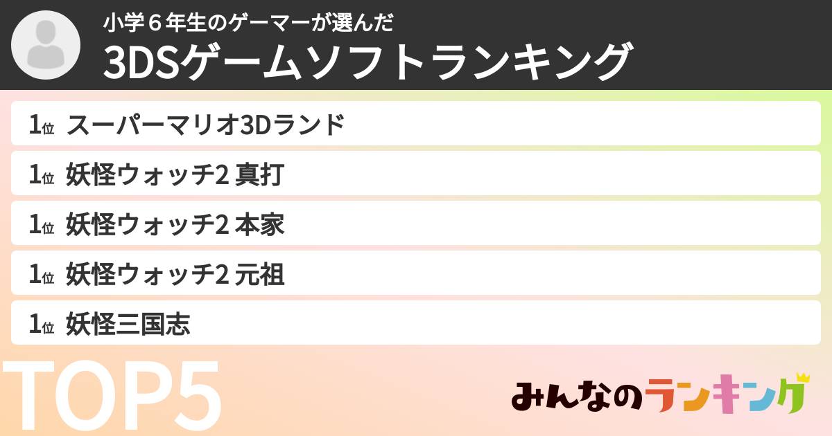 小学6年生のゲーマーさんの「3DSゲームソフトランキング」