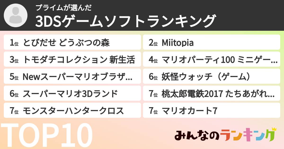 プライムさんの「3DSゲームソフトランキング」