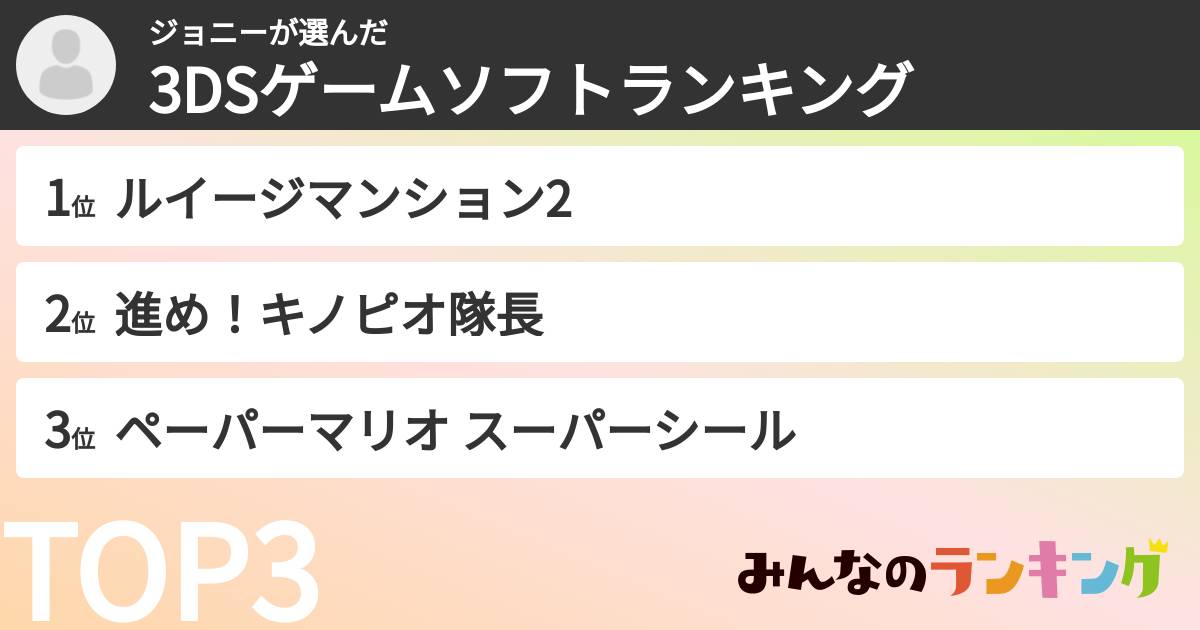 ジョニーさんの「3DSゲームソフトランキング」
