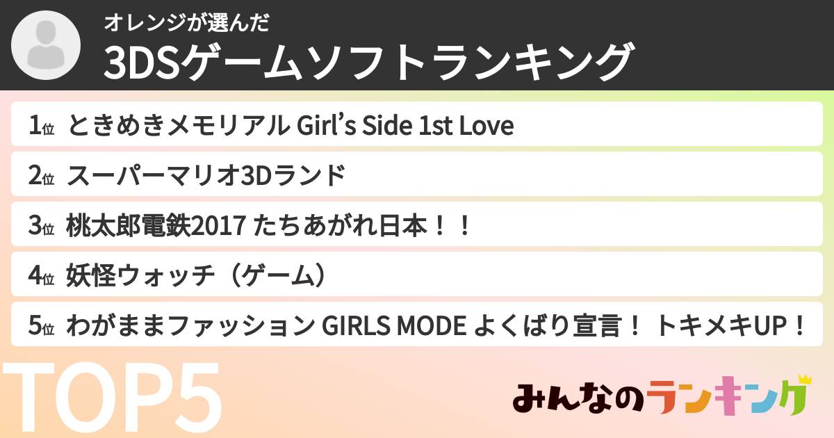 オレンジさんの「3DSゲームソフトランキング」