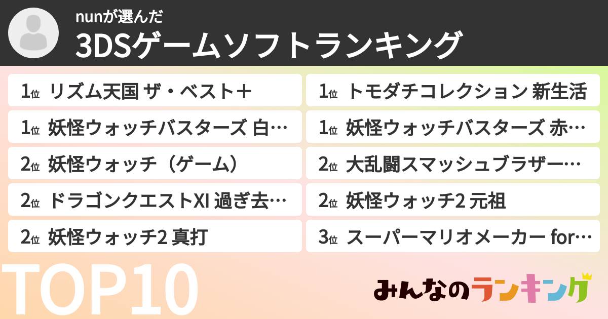 nunさんの「3DSゲームソフトランキング」