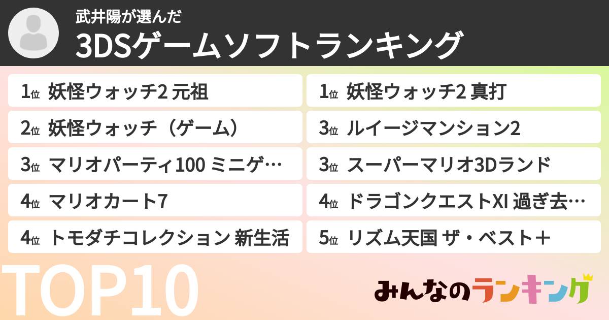武井陽さんの「3DSゲームソフトランキング」
