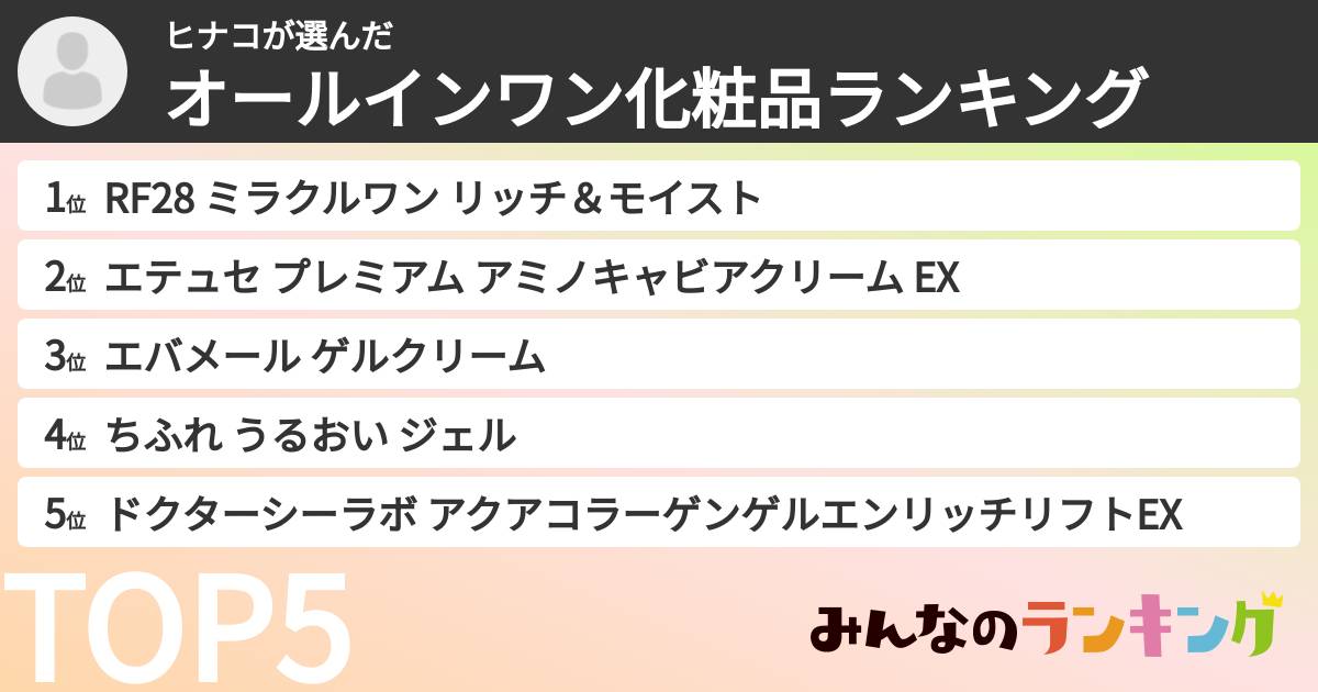ヒナコさんの「オールインワン化粧品ランキング」